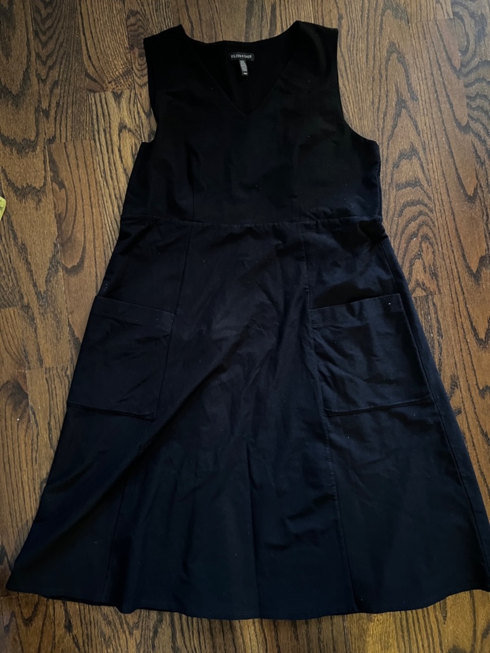 Eileen Fisher Black Sleeveless V-Neck Midi Dress with Front Pockets M Medium